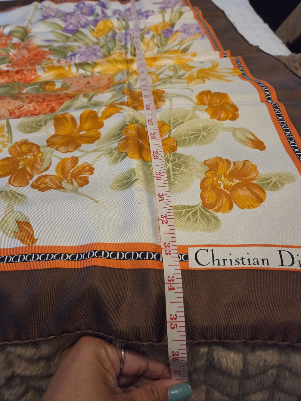 Christian Dior Scarf 100% Silk Beautiful Floral Square Scarf with Brown Border - Picture 6 of 10
